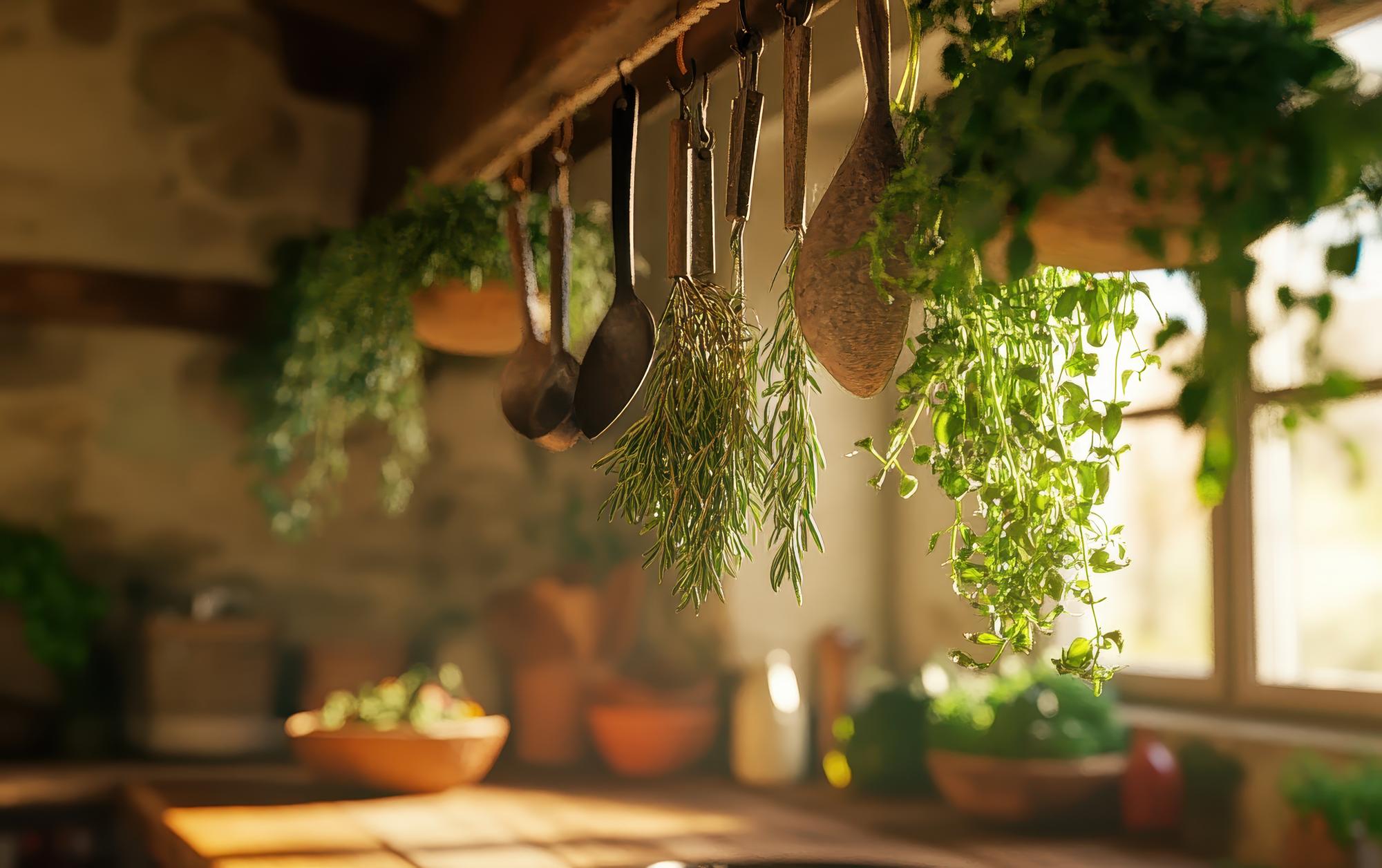 Interior of a small kitchen with hanging herbs